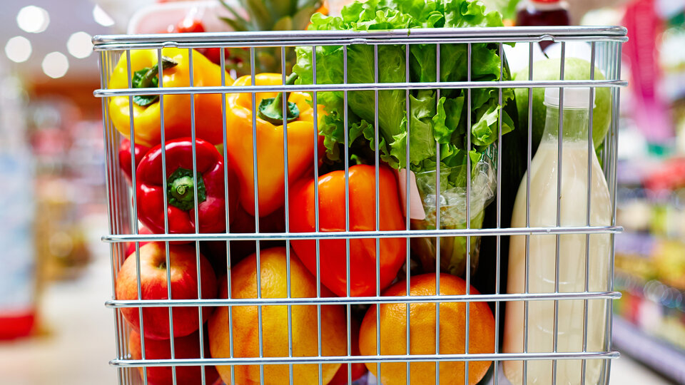 A shopping cart full of groceries.