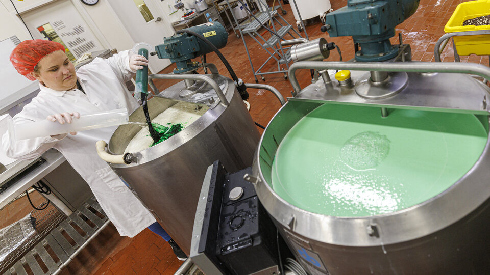 Assistant Dairy Plant Manager Mary Underwood pours in the coloring and flavor for the 100 gallons of Dairy Store 4-H Clover Mint is being made at Food Innovation Center on Nebraska Innovation Campus. July 18, 2022. Photo by Craig Chandler