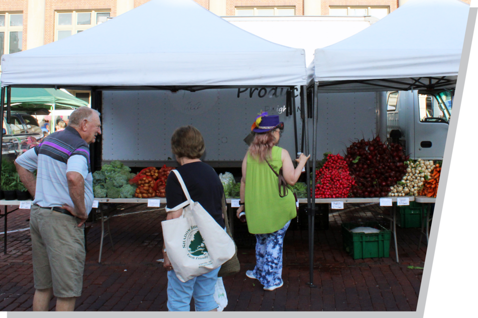 Patrons stand in line at a vegetable stand at a farmers market.