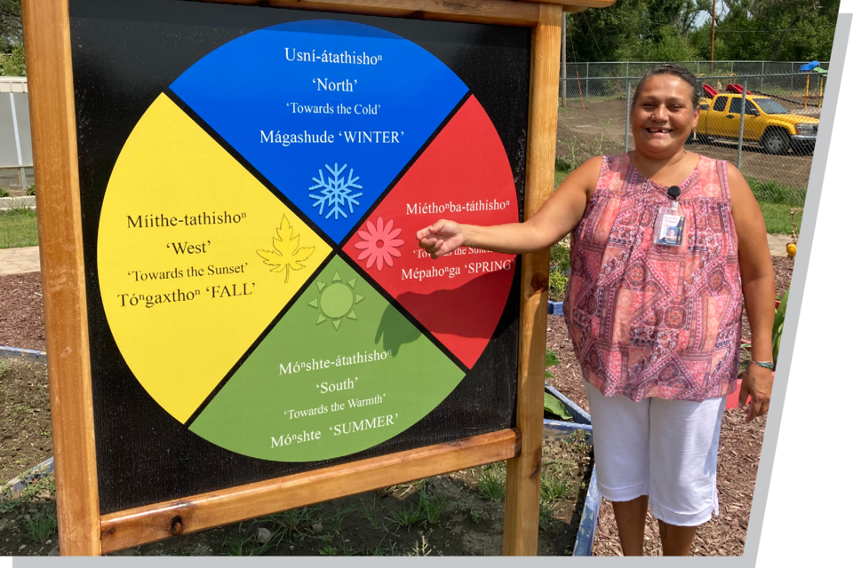 A Native American woman stands in front of a display of a season-based medicine wheel, pointing out what each season means.